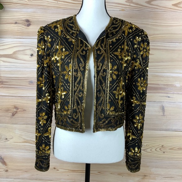 Vtg Scala Beaded Sequin Jacket Womens PM Gold 100% Silk Cropped Bolero Glam - Picture 2 of 13